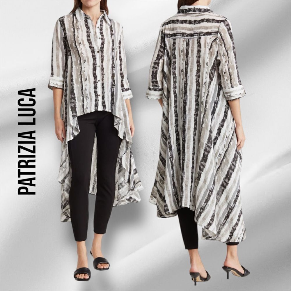 PATRIZIA LUCA Women’s Three Quarter High Low Striped Print Shirt Dress in Size L